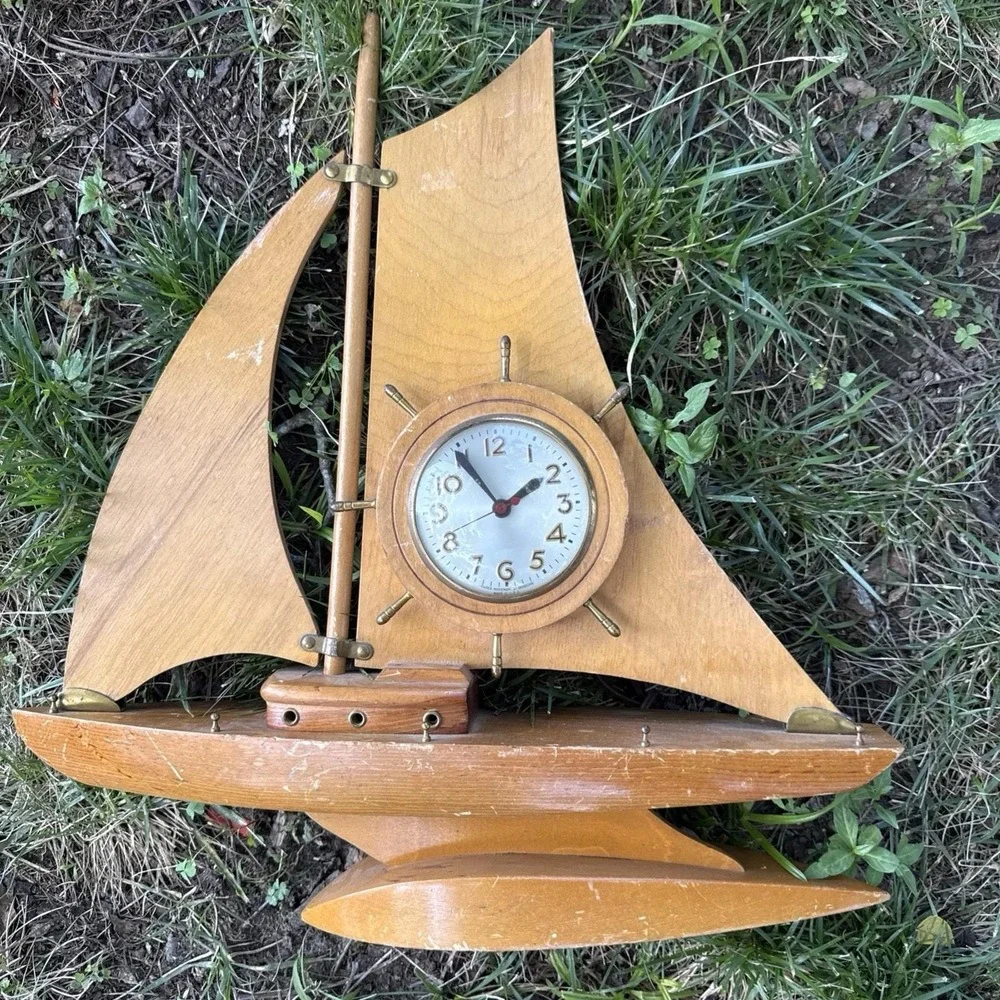 Vintage Sessions Wooden Sailboat Mantel Clock Nautical Ship Wheel Electric USA
